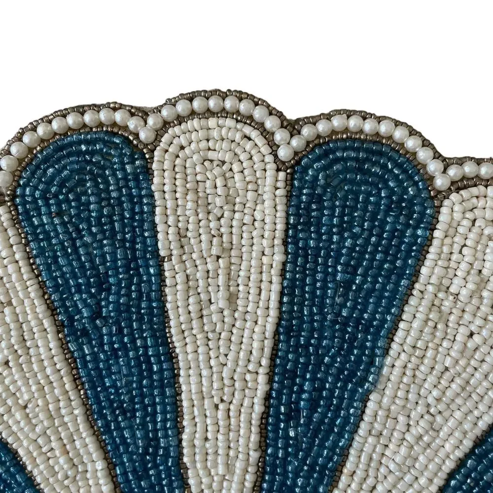Tiramisu Hand Glass Beaded Placemat Charger Round Scalloped Edge Blue Cream NEW